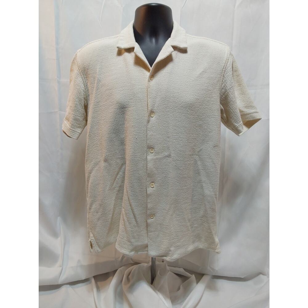 Zara Large Cream Textured Short Sleeve Button-Down Shirt #M158